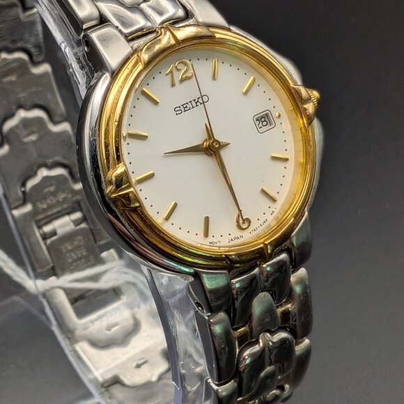 Vintage Seiko V782-6E6) Two Tone Ladies Watch 6.5" Band - Picture 2 of 6